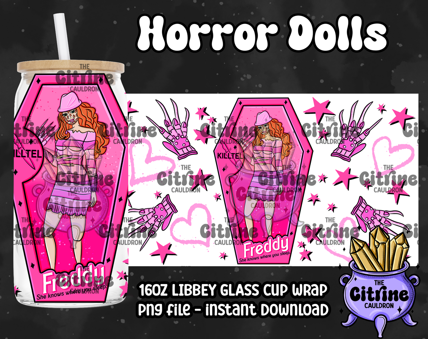 Horror Dolls Pink - PNG Wrap for Libbey 16oz Glass Can