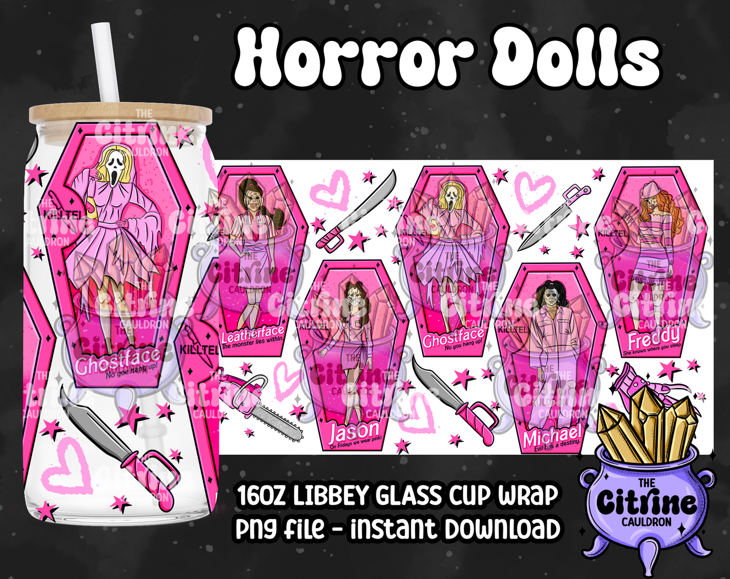 Horror Dolls Pink - PNG Wrap for Libbey 16oz Glass Can