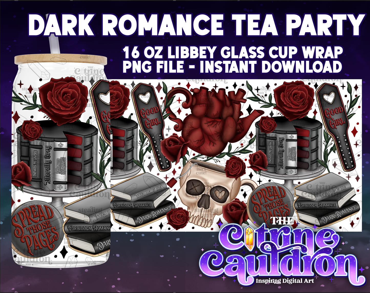 Dark Romance Tea Party - PNG Wrap for Libbey 16oz Glass Can