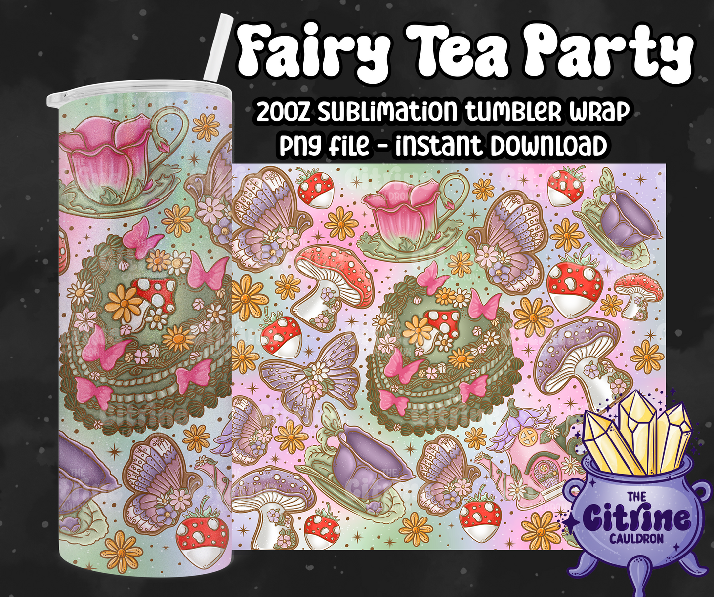 Fairy Tea Party - PNG Wrap for Sublimation 20oz Tumbler