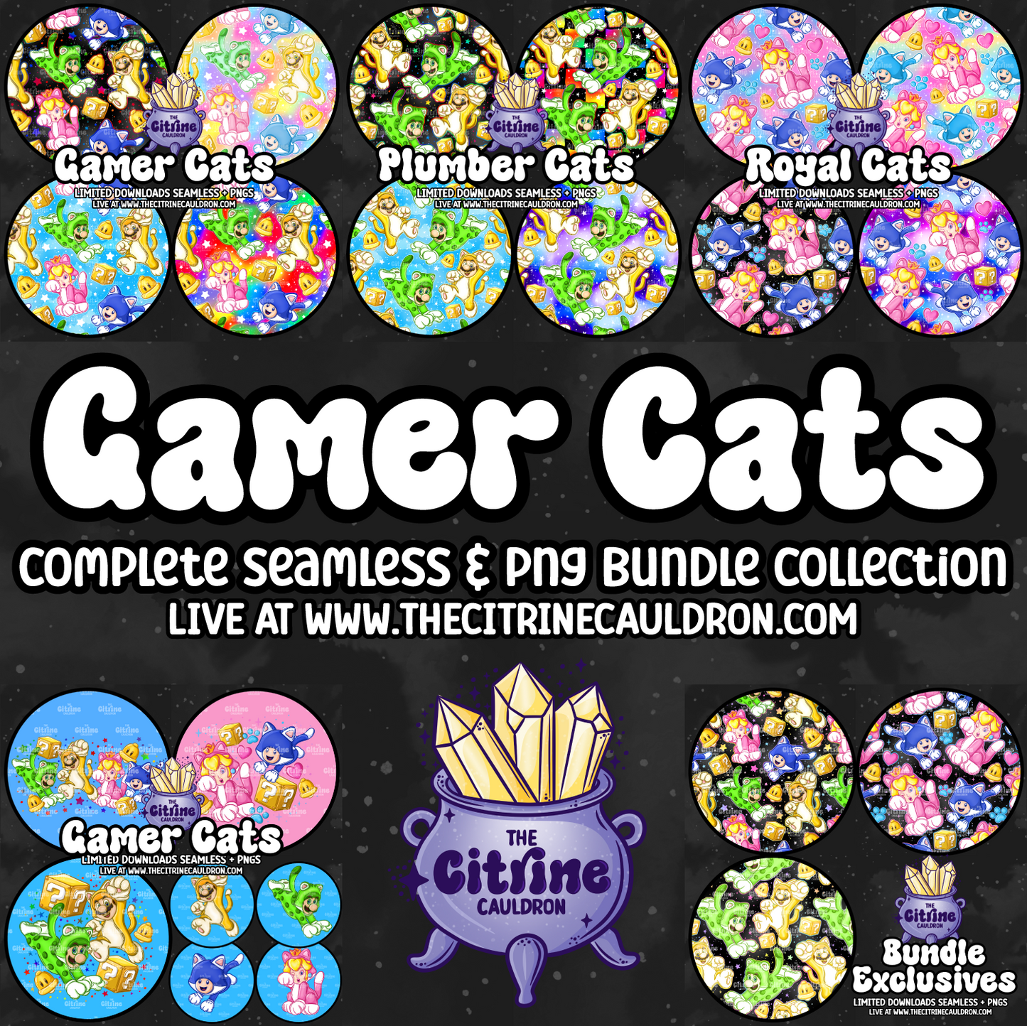 Gamer Cats Collection - Seamless, PNG Bundle & Coordinates