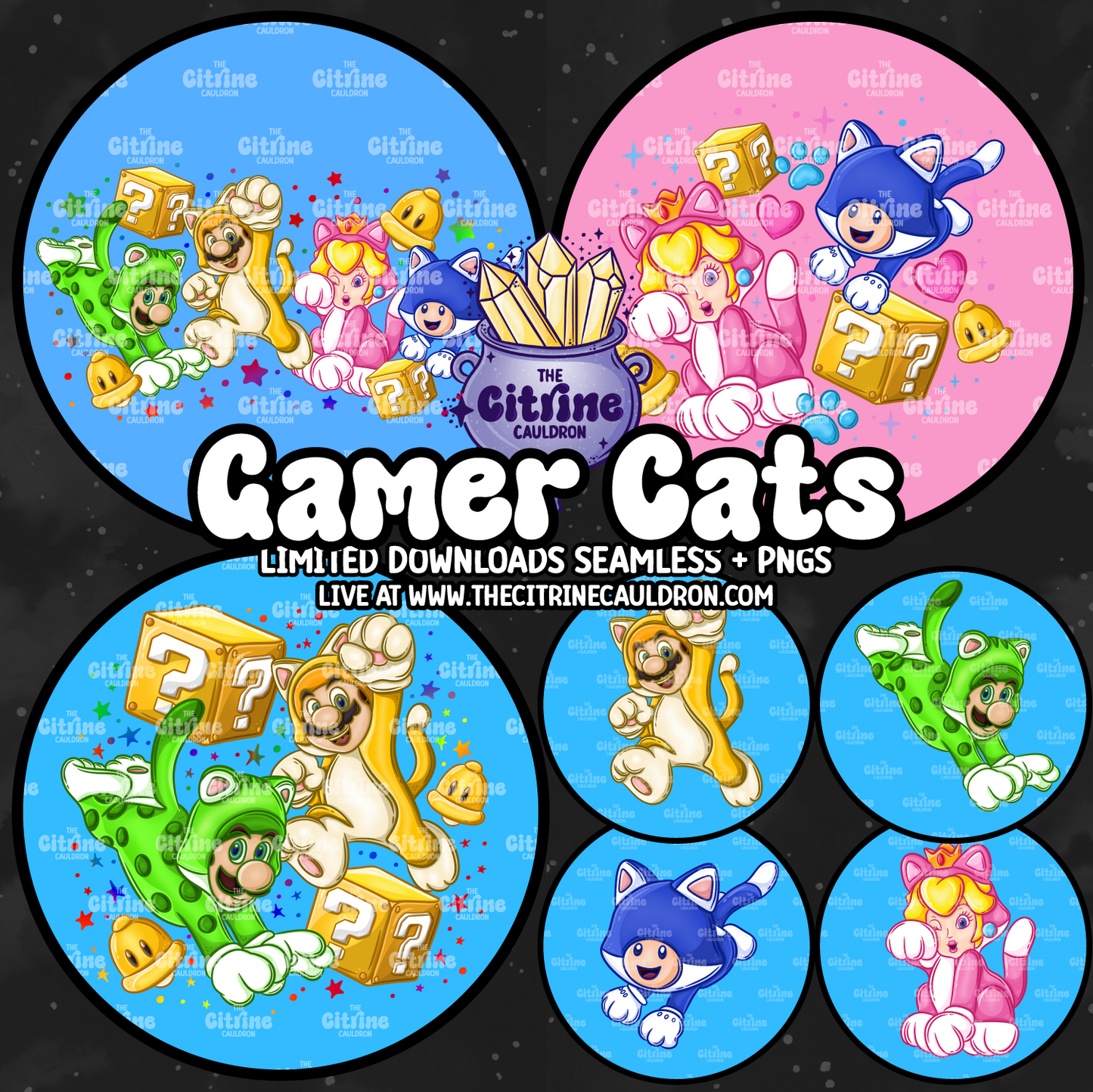 Gamer Cats Collection - Seamless, PNG Bundle & Coordinates