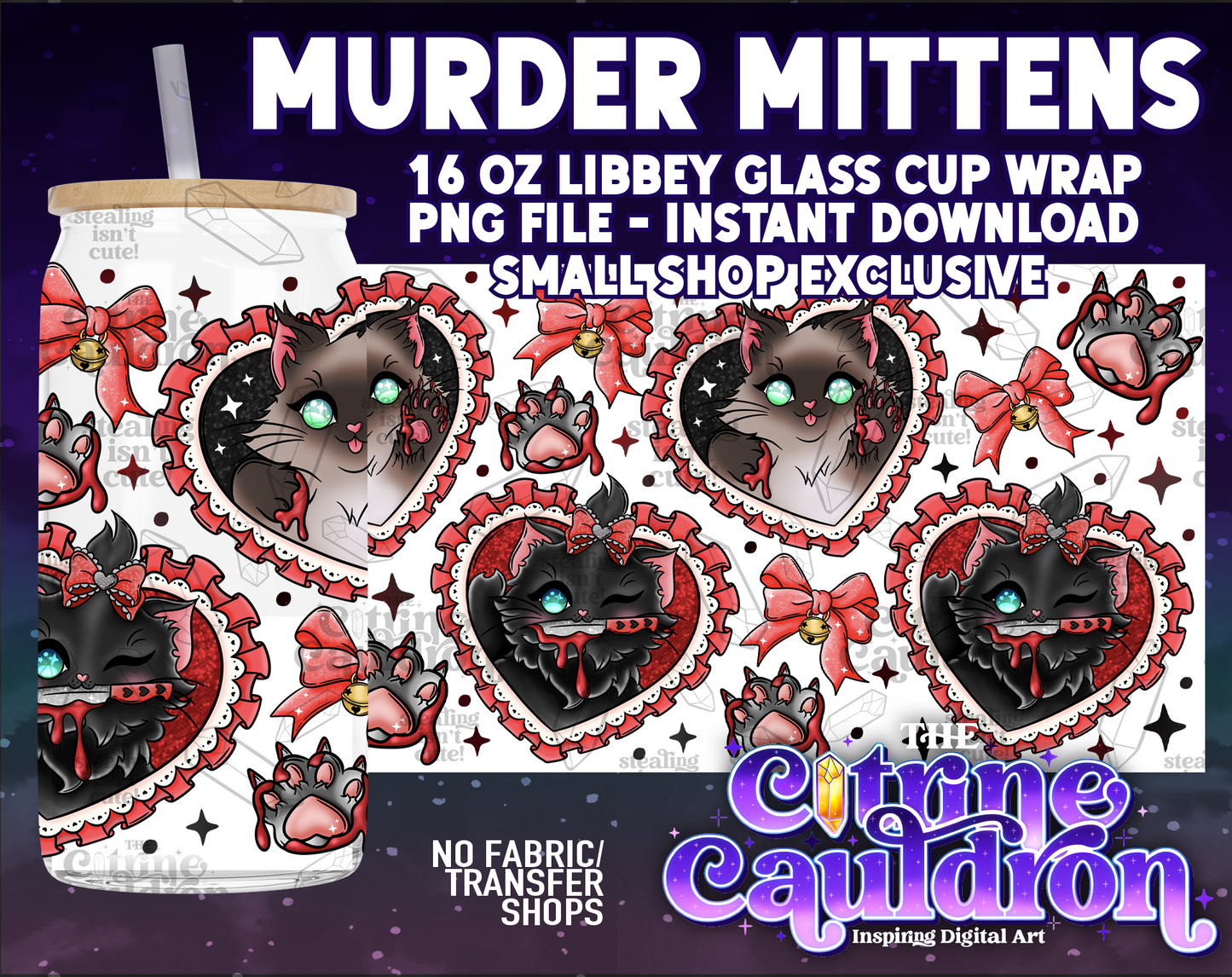 Murder Mittens - PNG Wrap for Libbey 16oz Glass Can - SMALL SHOP