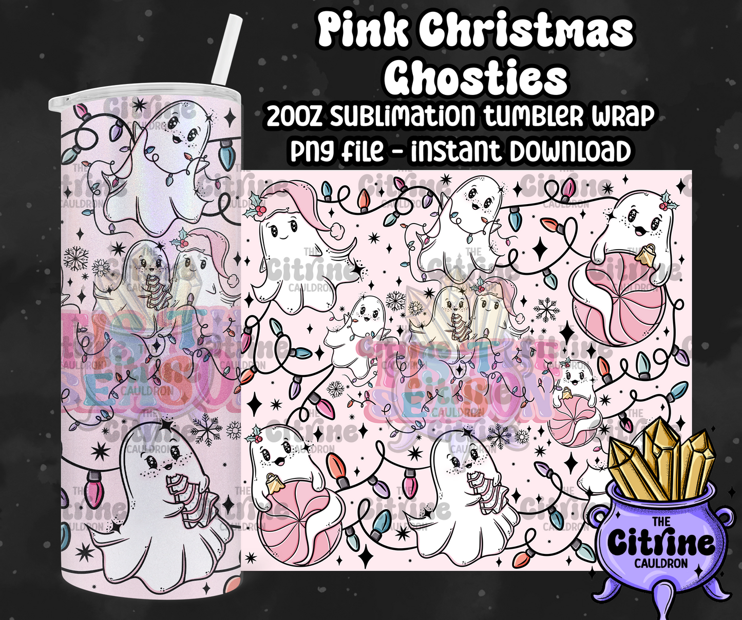 Pink Christmas Ghosties - PNG Wrap for Sublimation 20oz Tumbler
