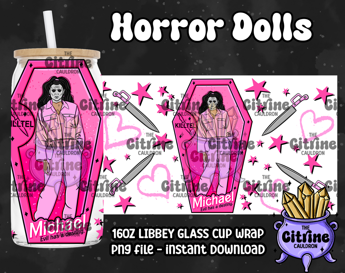 Horror Dolls Pink - PNG Wrap for Libbey 16oz Glass Can