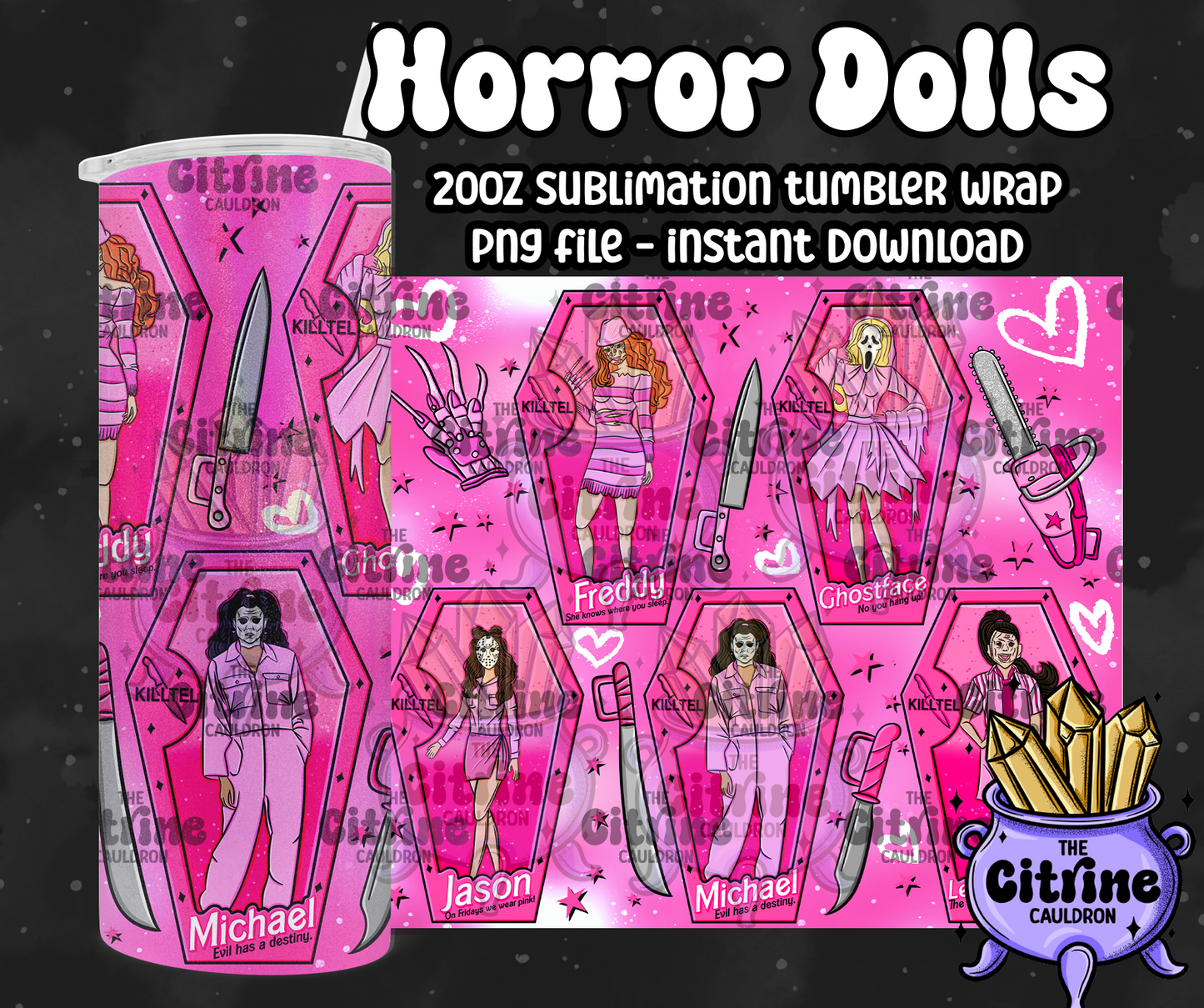 Horror Dolls Pink - PNG Wrap for Sublimation 20oz Tumbler