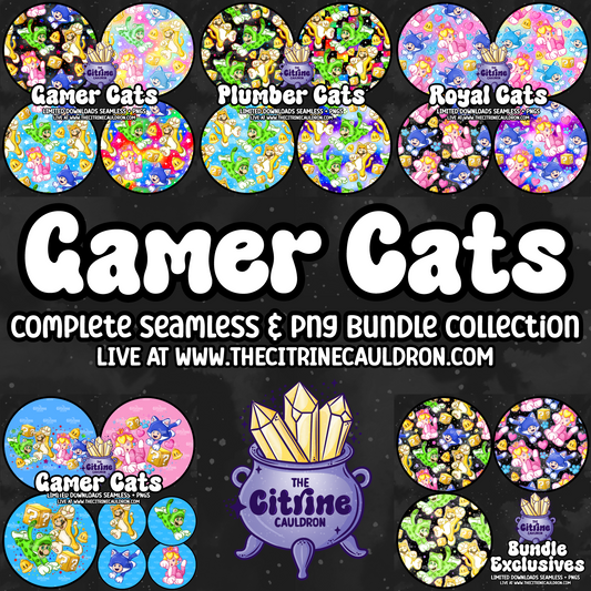 Gamer Cats Collection - Seamless, PNG Bundle & Coordinates