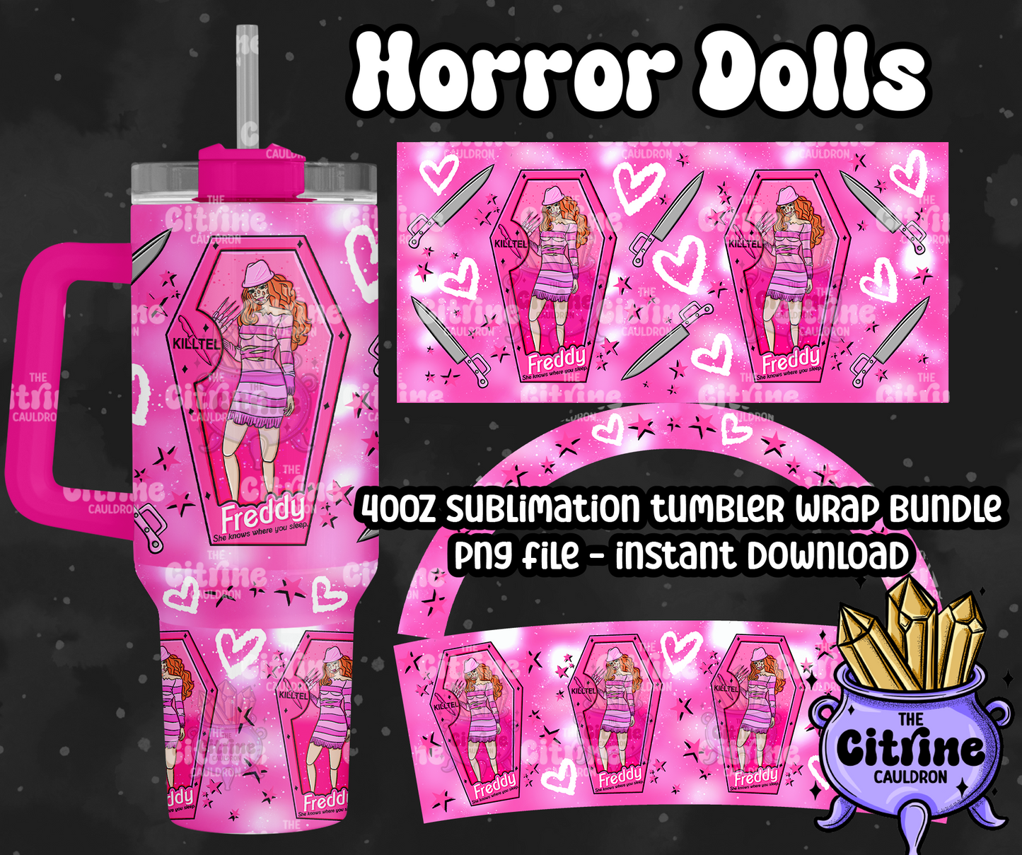 Horror Dolls Pink - PNG Wrap for Sublimation 40oz Tumbler