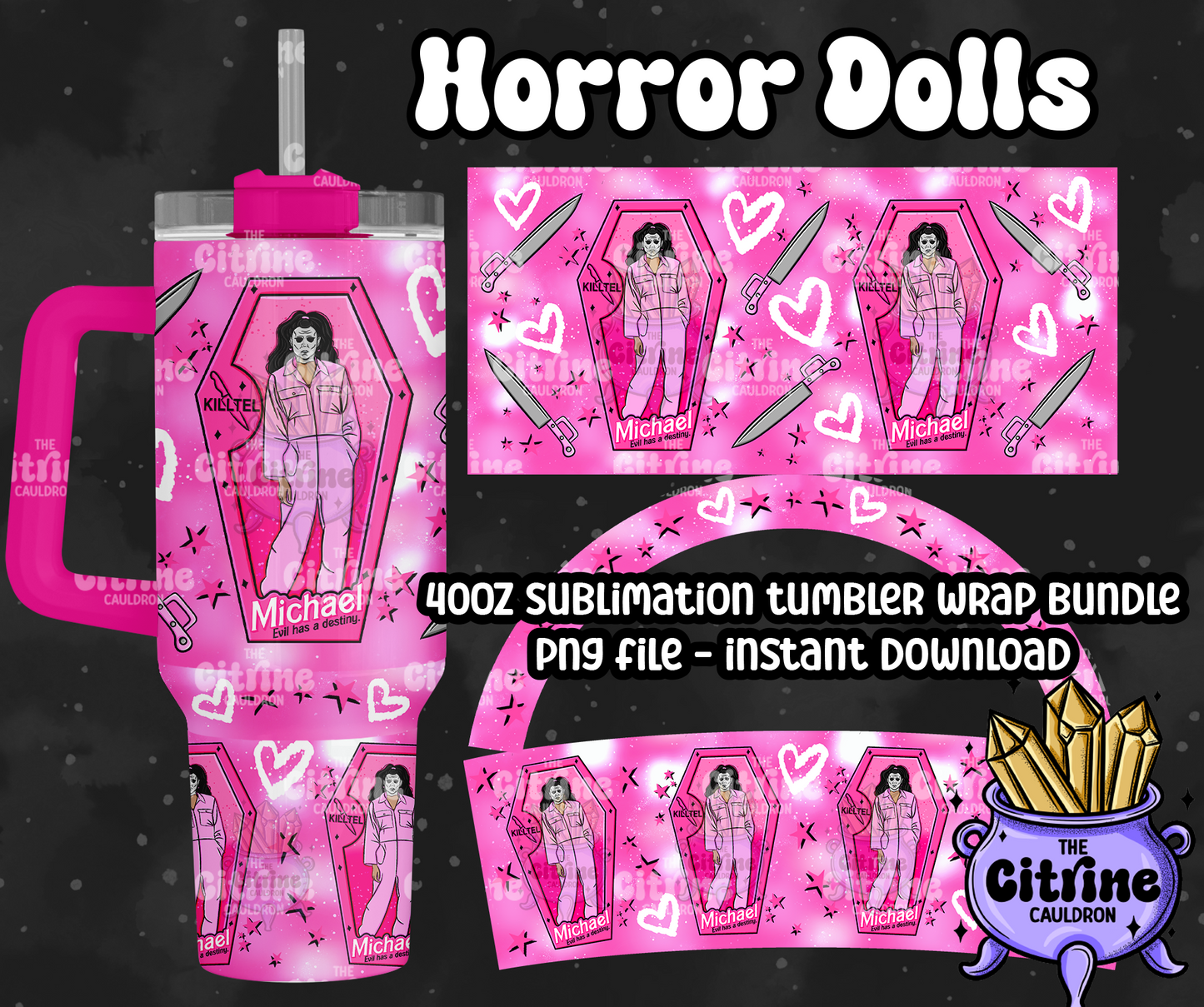 Horror Dolls Pink - PNG Wrap for Sublimation 40oz Tumbler