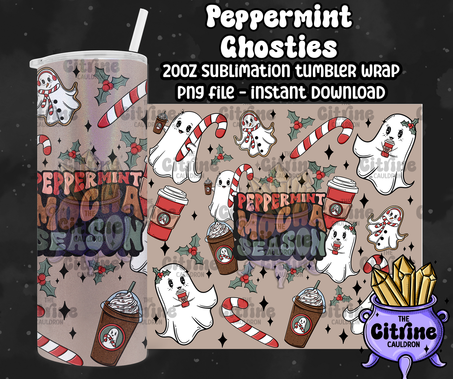 Peppermint Ghosties - PNG Wrap for Sublimation 20oz Tumbler