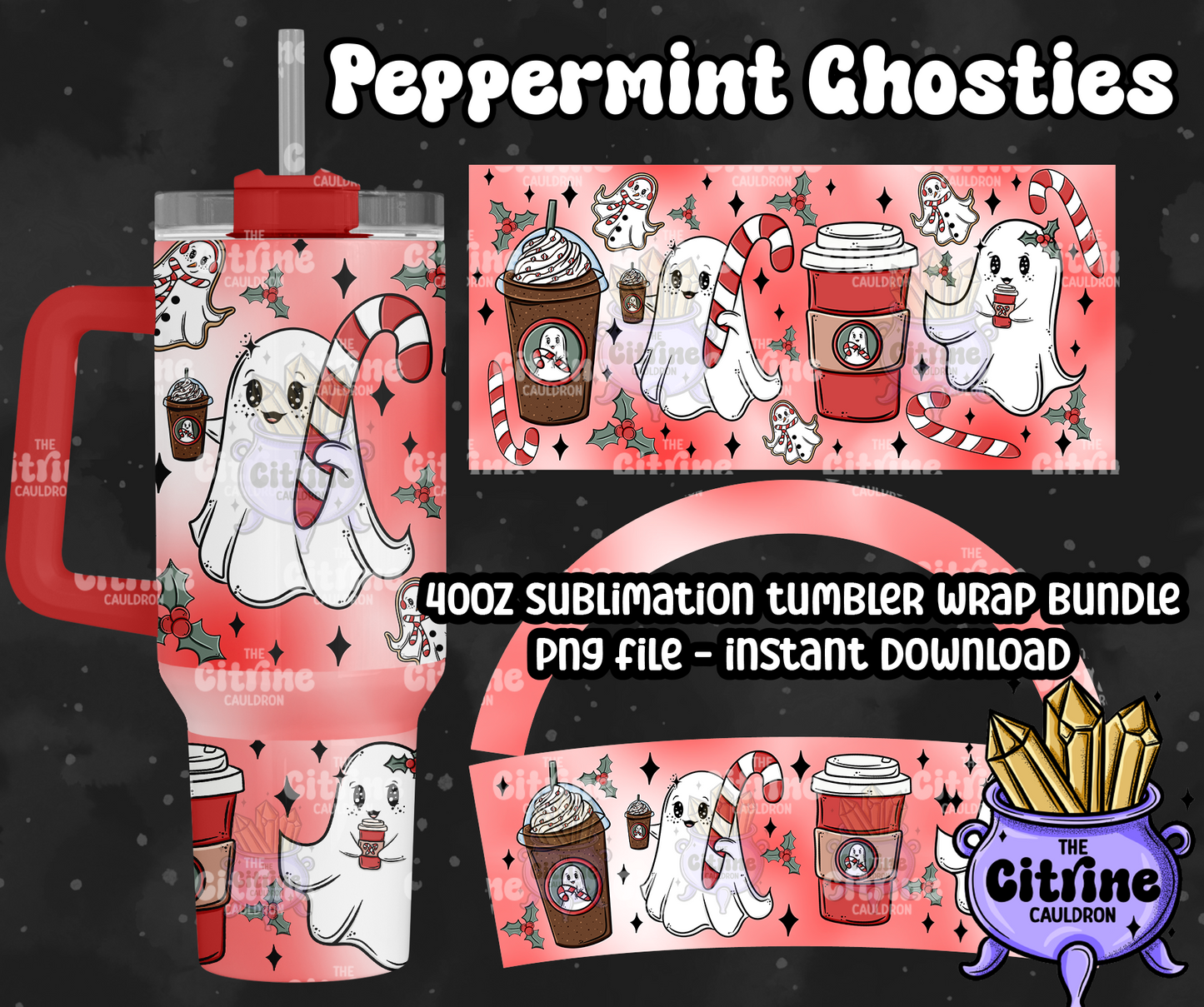 Peppermint Ghosties - PNG Wrap for Sublimation 40oz Tumbler