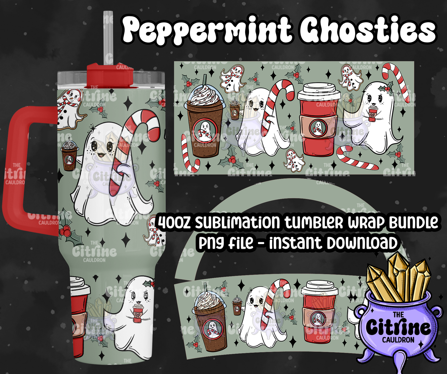 Peppermint Ghosties - PNG Wrap for Sublimation 40oz Tumbler