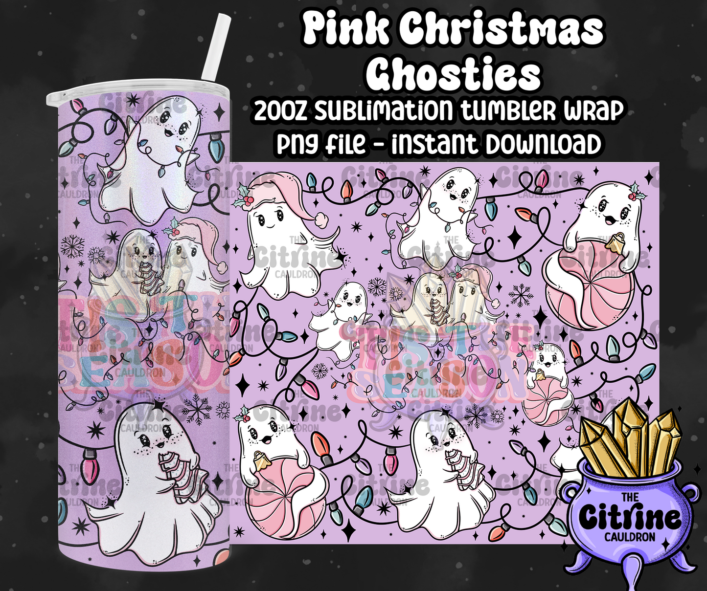 Pink Christmas Ghosties - PNG Wrap for Sublimation 20oz Tumbler