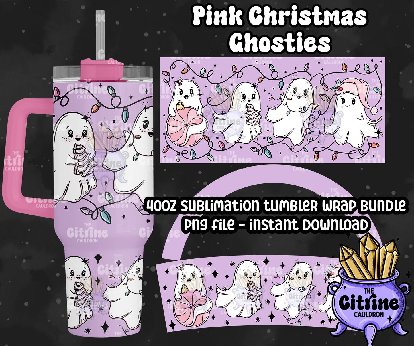 Pink Christmas Ghosties - PNG Wrap for Sublimation 40oz Tumbler