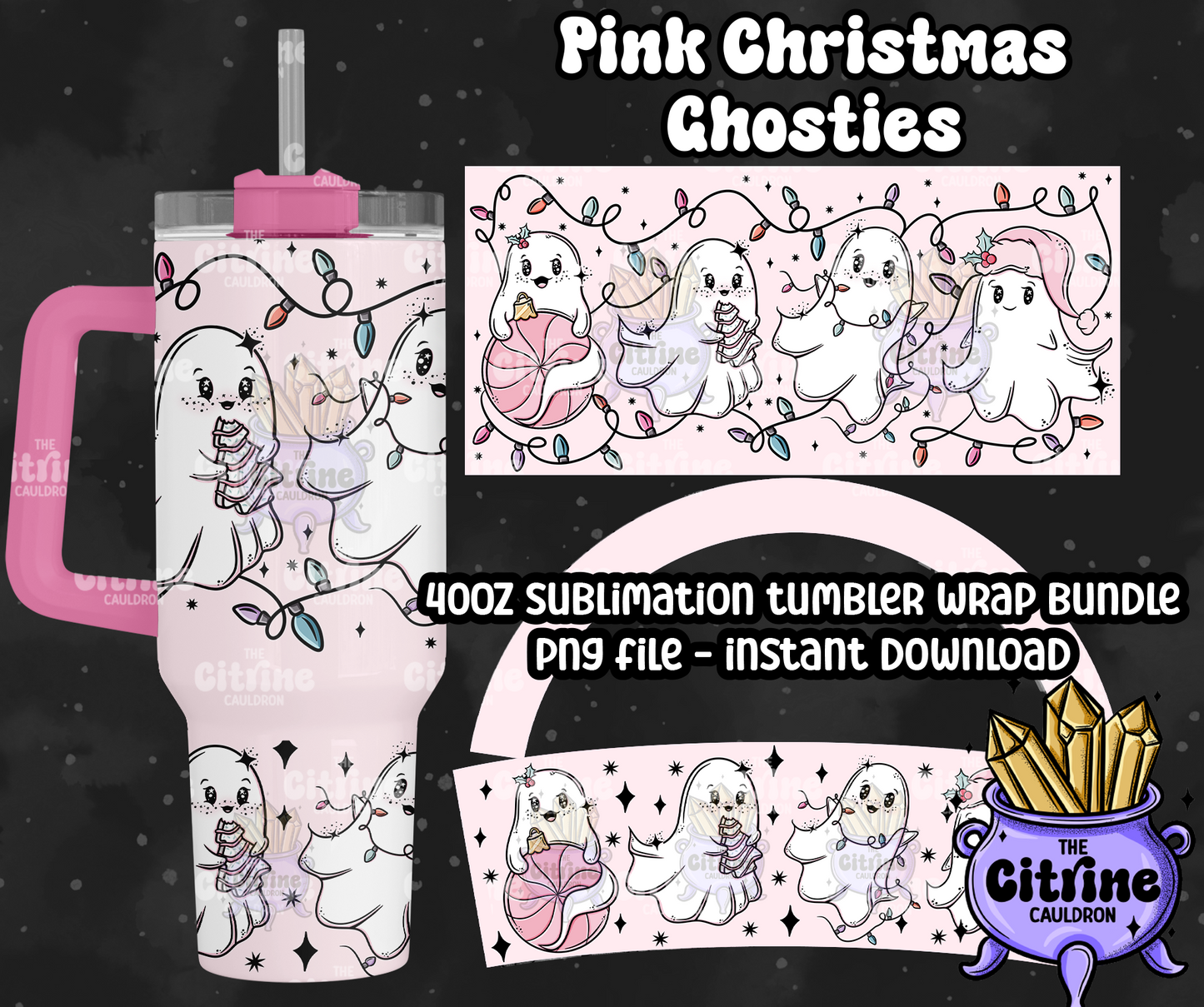 Pink Christmas Ghosties - PNG Wrap for Sublimation 40oz Tumbler